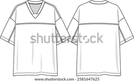 Men v neckline oversize t-shirt sketch with V insert at center front neckline, front and back yoke with piping insert, sleeve with piping insert,  dropped shoulder, front and back sketch, vectors