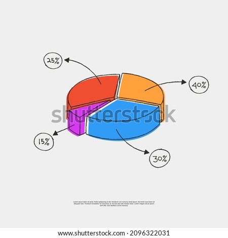 Vector 4 pie chart with doodle art line drawing style suit with business or finance chart or piechart with 3D style piechart with 4 four color red, orange, blue and purple