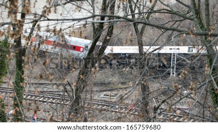 BRONX, NEW YORK - DECEMBER 1: A Metro North train derails killing and injuring people near Spuyten Duyvil Station.  Taken December 1, 2013, in the Bronx,  New York.