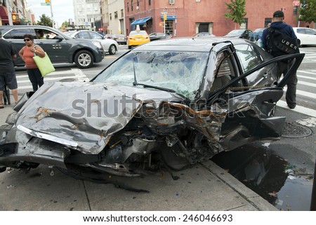 QUEENS, NEW YORK - JULY 2: Car wreck on Vernon Boulevard.   Taken July 2, 2014 in Queens, NY.