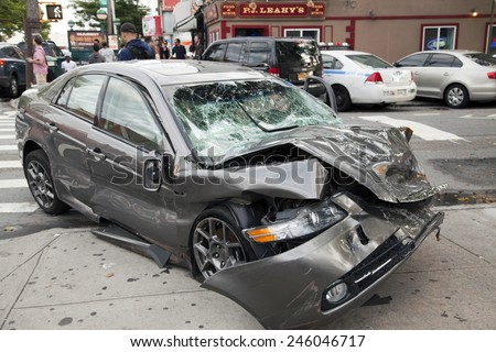 QUEENS, NEW YORK - JULY 2: Car wreck on Vernon Boulevard   Taken July 2, 2014 in Queens, NY.