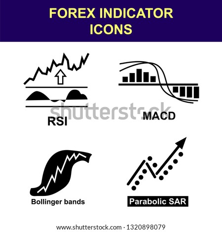 Forex indicator icons set. Collection of black vector icons of technical analysis indicators (RSI, MACD, parabolic SAR, Bollinger bands).