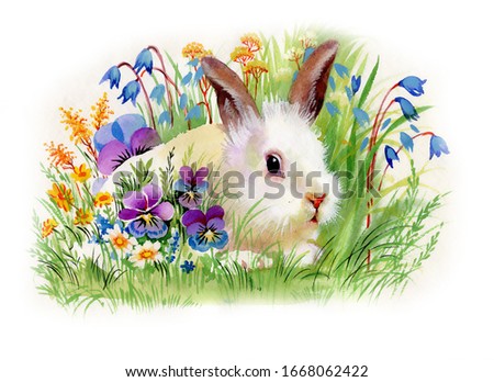 Rabbit with easter eggs. Spring composition. Rabbits background, watercolor composition. Flower backdrop. Decoration with rabbit & flowers, hand drawing.