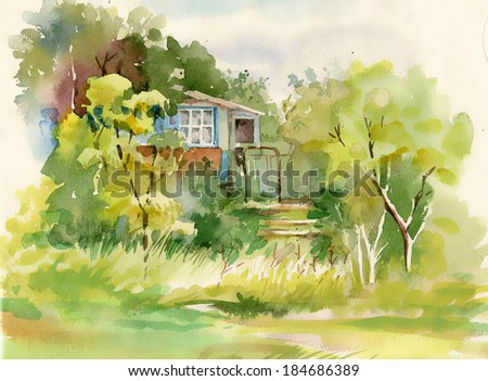 Watercolor painting of cabin in woods