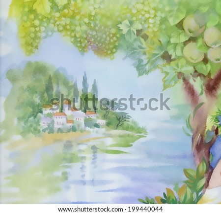 Watercolor landscape with lake and village vector