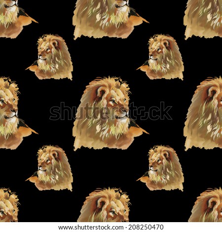 Watercolor lion seamless pattern on a black background
