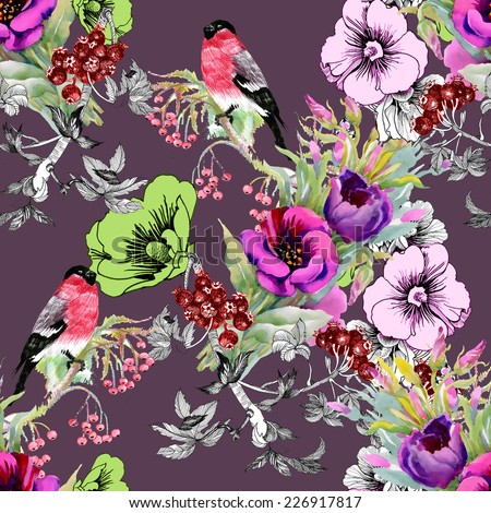 Wild exotic birds on flowers twig seamless pattern on purple background vector illustration