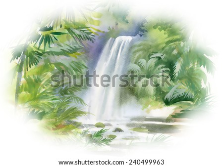 Watercolor Illustration Of Waterfall In Jungle On White Background ...