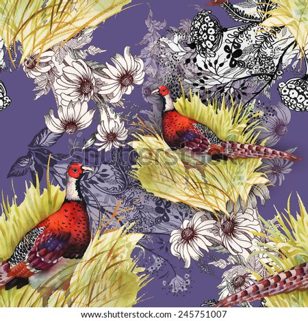 Pheasant animals birds in floral seamless pattern on purple background