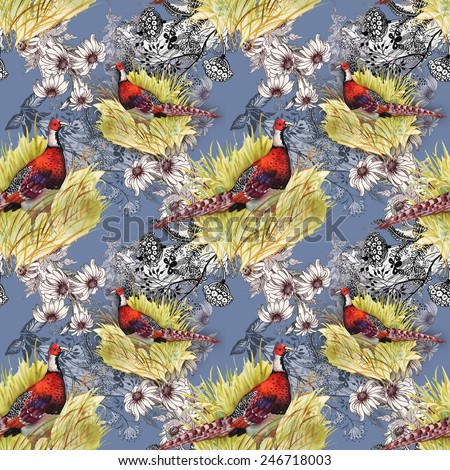 Pheasant animals birds in floral seamless pattern on blue background vector illustration