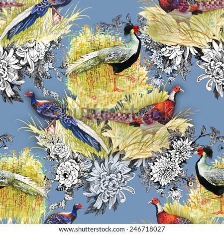 Pheasant animals birds in floral seamless pattern on blue background vector illustration