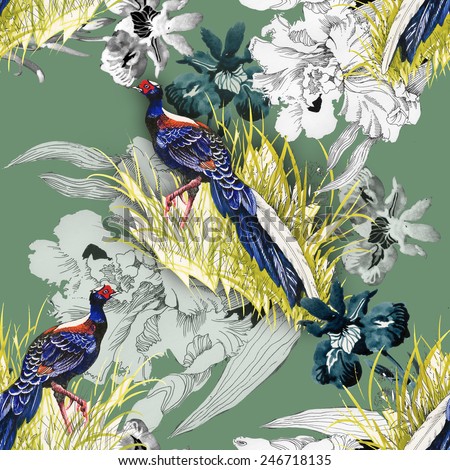 Pheasant animals birds in floral seamless pattern on green background vector illustration