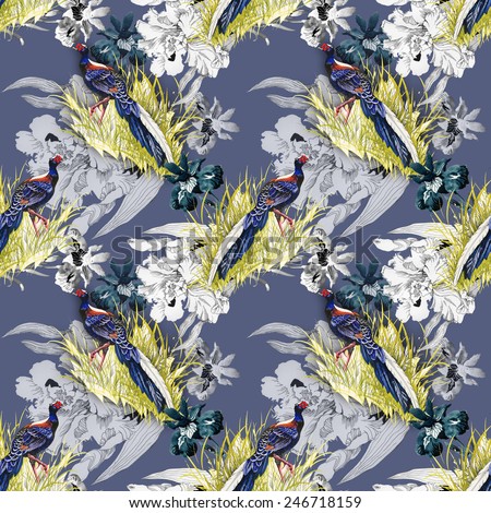 Pheasant animals birds in floral seamless pattern on purple background vector illustration