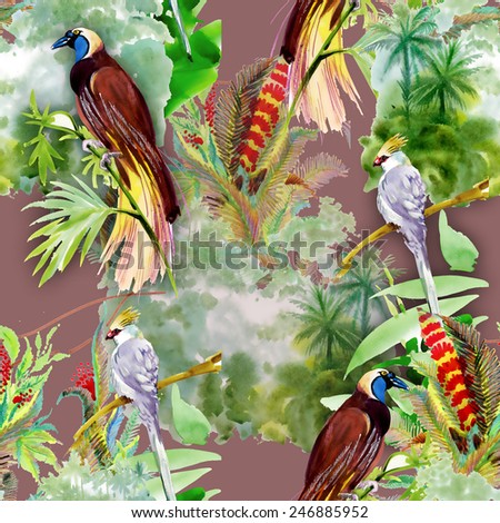 Seamless pattern with wild exotic birds on the branch with flowers on tropical brown background vector illustration