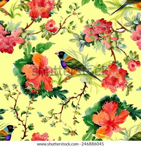 Seamless pattern with wild exotic birds on the branch with flowers on yellow background vector illustration