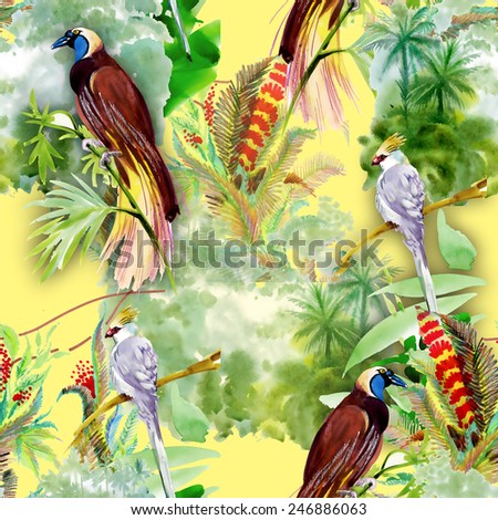 Seamless pattern with wild exotic birds on the branch with flowers on tropical yellow background vector illustration