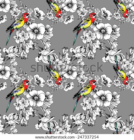 Exotic birds with flowers colorful seamless pattern on gray background