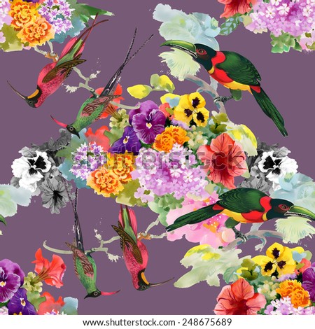 Tropical Exotic parrots birds with flowers colorful seamless pattern on purple background vector illustration