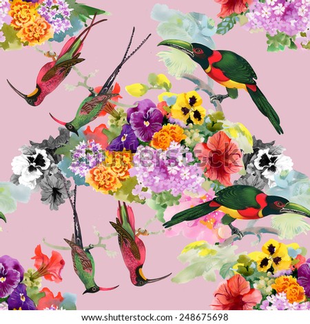 Tropical Exotic parrots birds with flowers colorful seamless pattern on pink background vector illustration