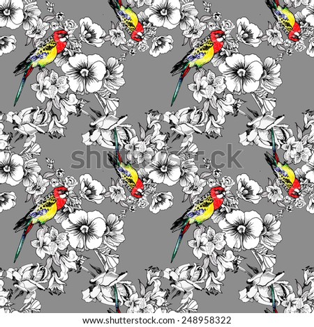 Exotic birds with flowers colorful seamless pattern on gray background vector illustration