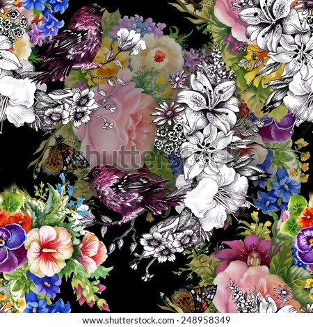 Exotic birds with flowers colorful seamless pattern on black background vector illustration