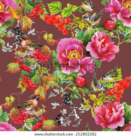 Exotic birds with flowers colorful seamless pattern on brown background vector illustration