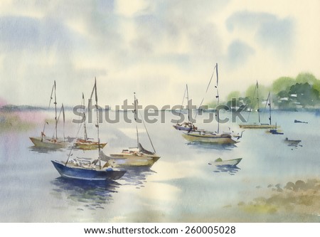 Watercolor painting of landscape with wooden boats on river