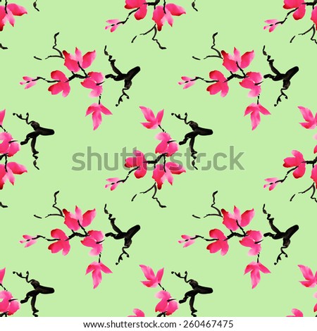 Branches of blooming magnolia flowers, spring watercolor seamless pattern on green background vector illustration