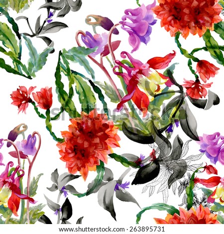 Colorful wildflowers seamless pattern on white background