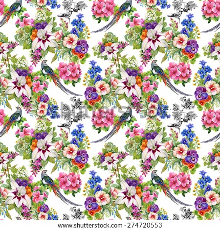 Wild pheasant birds and flowers watercolor seamless pattern on white background