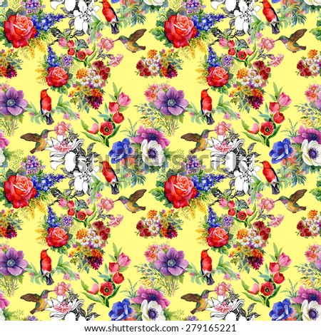 Birds with garden flowers, tulips, rose, watercolor seamless pattern on yellow background