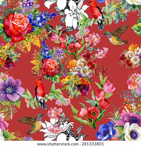 Birds with garden flowers, tulips, rose, watercolor seamless pattern on red background vector illustration