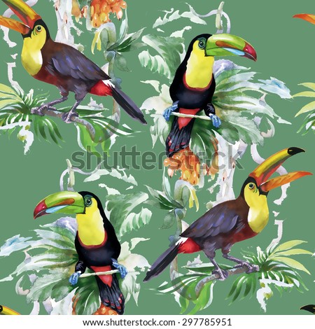 Tropical watercolor floral seamless pattern with birds and leaves on green background vector illustration