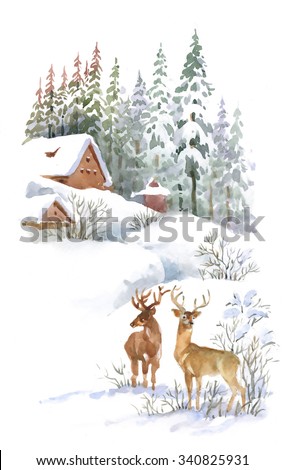 Watercolor winter landscape with deers