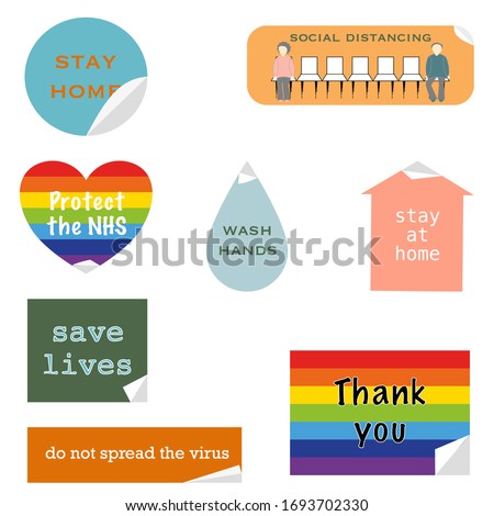 Coronavirus covid-19 vector illustration prevention sticker set with text stay home, protect the nhs, save lives, do not spread the virus, wash hands, social distancing each with one corner peeled off