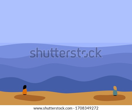 pebble art vector illustration of two people sitting on a rock each on beach looking out to blue sky and sea concept of social distancing minimalist style. With space for runaround or wraparound text