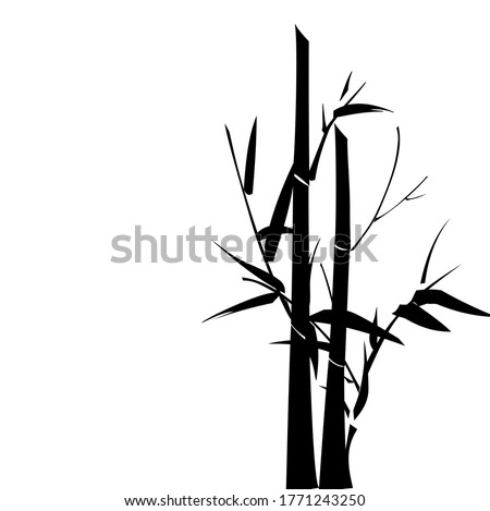 Vector illustration Minimalist style of bamboo leaves and shoots on right side of image in black isolated on white background with space for runaround or wraparound text on left side