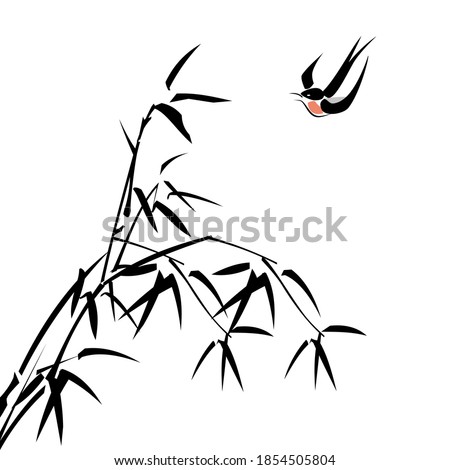 Digital drawing, Chinese brush painting style, vector illustration of bamboo branches and leaves and a bird isolated on white background with copy space for text, haiku poem card or note