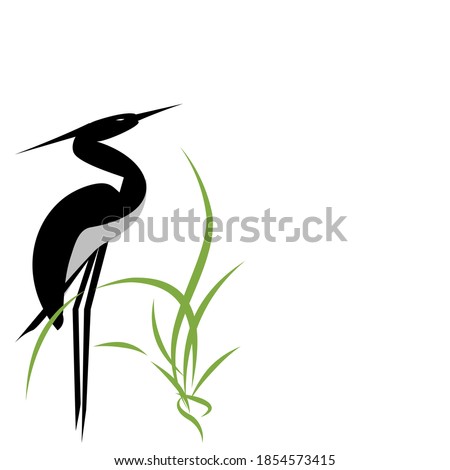 Vector illustration of picture of a crane water bird in black and green water plant  isolated on white background with copy space for text haiku poem. Can be used for card or note paper