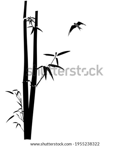 Digital drawing, Chinese brush painting style, vector illustration of bamboo branches and leaves and a bird on left isolated on white background with copy space for text haiku poem note or card 