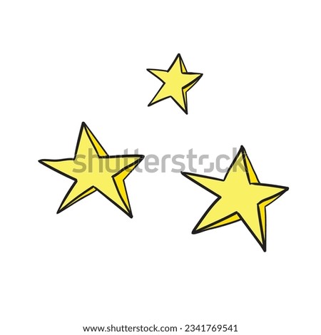 Three hand-drawn cartoon decorative stars isolated on a white background. Flat design. Vector illustration.