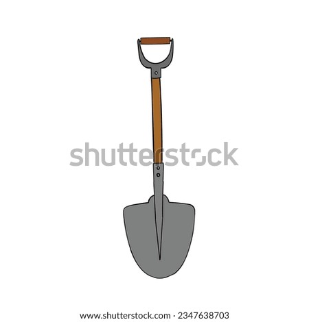 A hand-drawn cartoon shovel with a handle isolated on a white background. Flat design. Vector illustration.