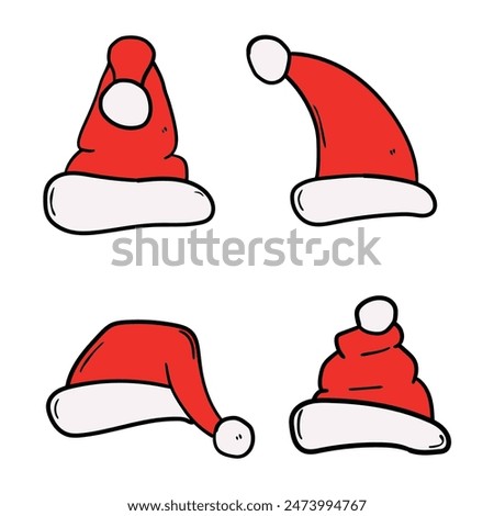 Hand drawn set of cartoon santa claus hats isolated on white background. New Year, Christmas. Vector illustration.