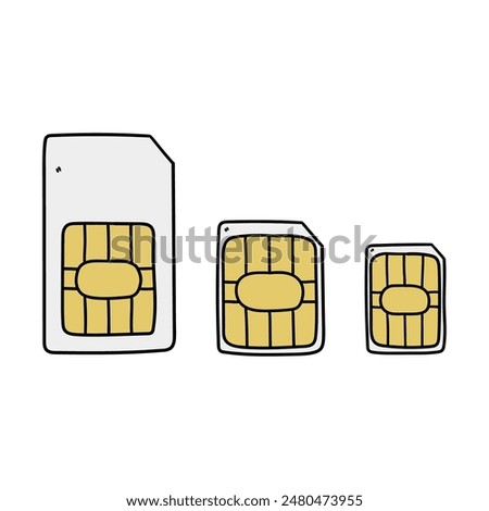 Hand drawn cartoon set of sim cards for mobile phone isolated on white background. Vector illustration.