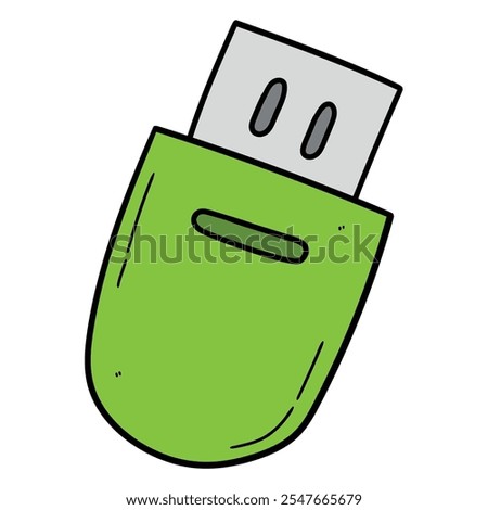 Hand drawn cartoon green usb flash drive isolated on white background. Vector illustration.