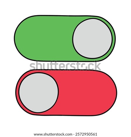 Hand drawn cartoon on off toggle switch buttons isolated on white background. Vector illustration.