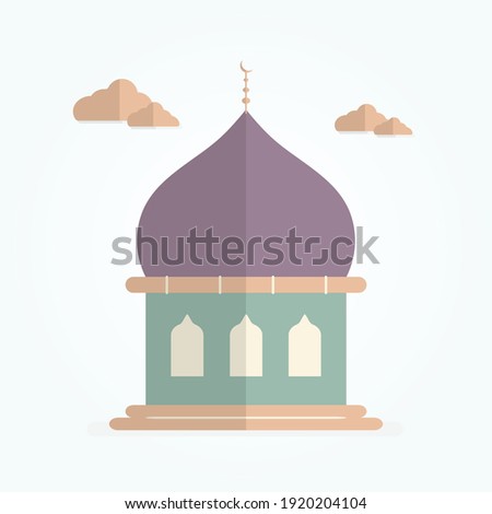 Illustration of islamic mosque, flat vector design on light blue background, the dome is purple. Vector illustration