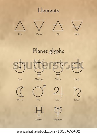 Elements Signs And Planet Glyphs Set. Planets Symbols And Fire, Water, Air, Earth Linear Icons Isolated On Beige Background. Astrology Or Esoteric Concept. Vector Design Elements For Icon, Logotype.