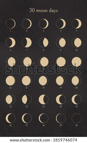 Moon phases set. 30 Moon days calendar. Collection of design elements for icons, logotypes. Isolated outline symbols on black background. Vector illustration.