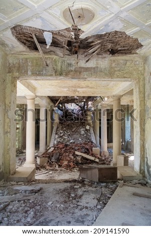Hall in an abandoned hotel after the war in Croatia